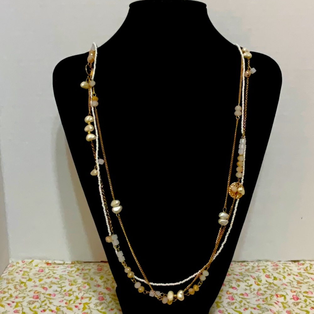 5/$25 - Triple Strand Faux Pearl Multi Textured Necklace